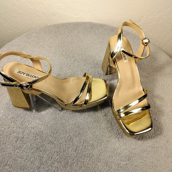 JOY IN LOVE Platform Heels for Women Chunky Block Ankle Strap Gold Size 7.5 - Picture 1 of 14